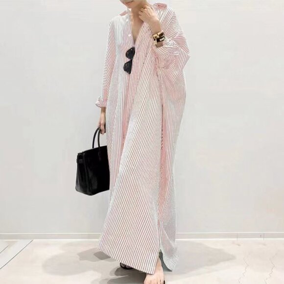 Women's Casual Striped Button Long Sleeve Loose Plus Size Long Shirt Dress Large - Picture 1 of 2